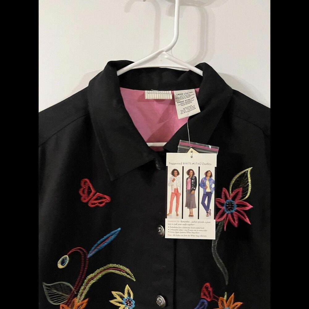 White Stag Embroidered‎ Jacket Black Denim Long Sleeve Button Large Floral Retro - Picture 2 of 9
